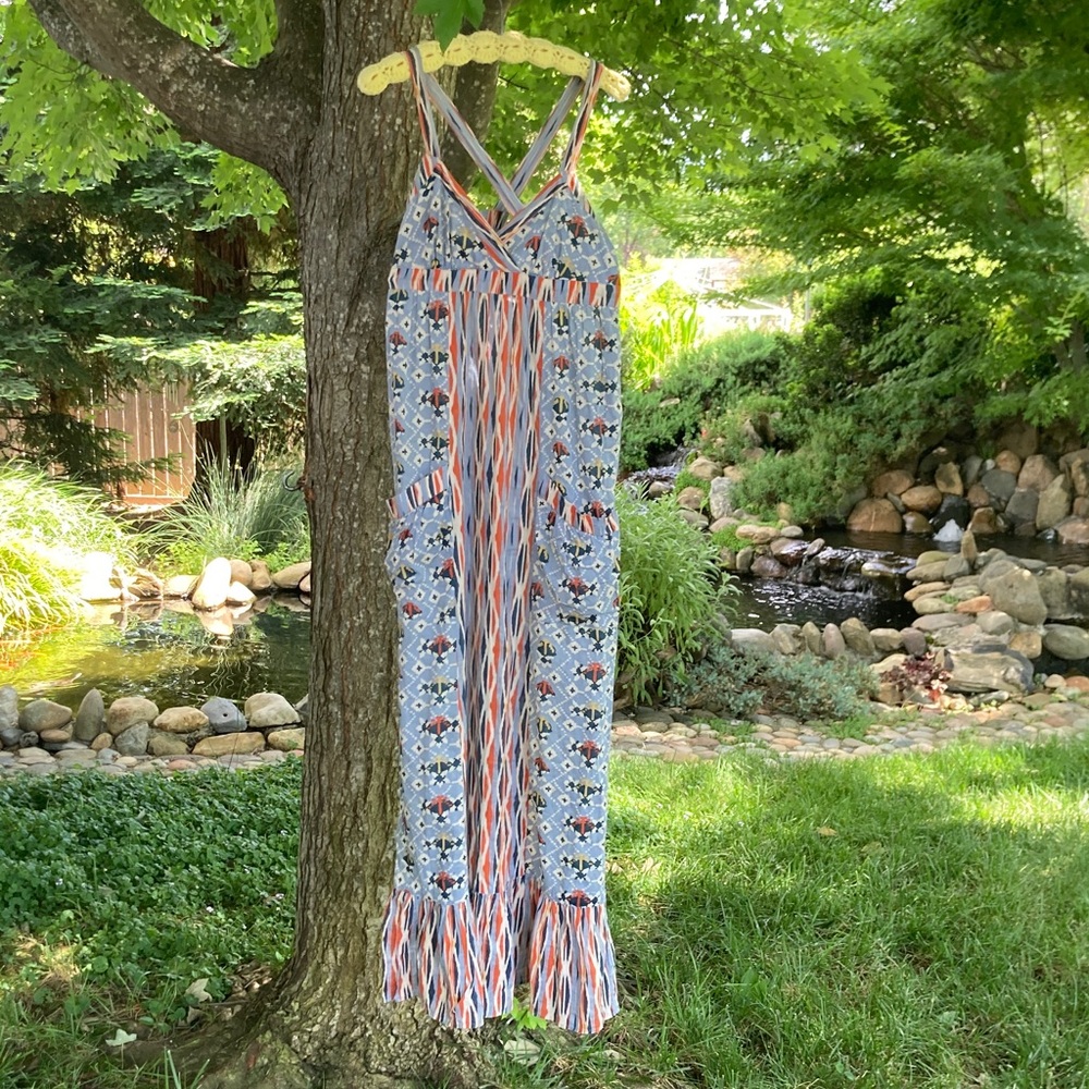 Boho hippie Vintage Urban Outfitters Blue Maxi Cotton Sun Dress - Picture 2 of 16